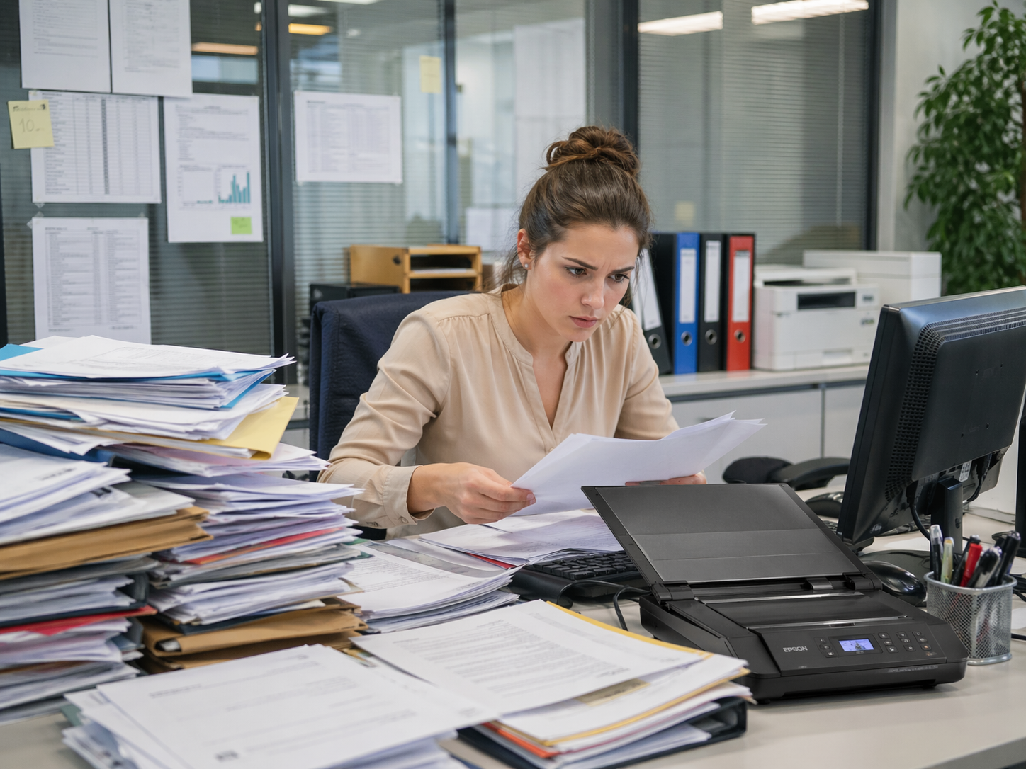 A user reviewing a stack of scanned documents at a workstation